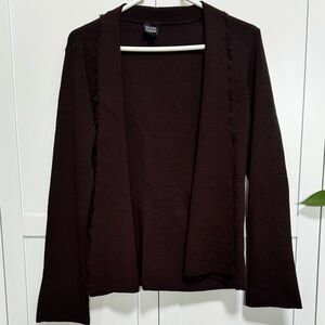 EILEEN FISHER Cardigan Size Small Fringed Brown Open Front Sweater 100% Wool